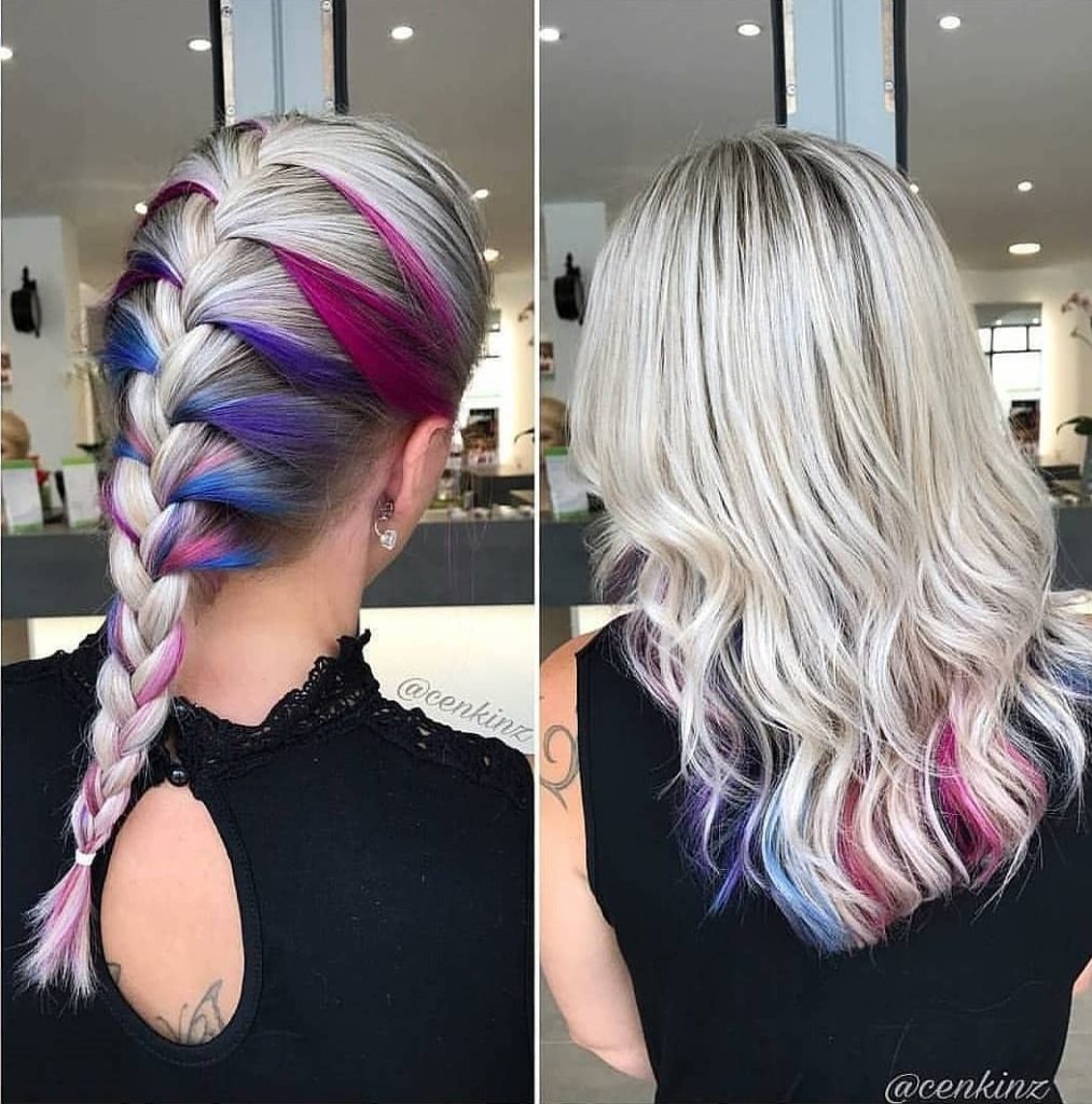 Long Platinum Locks with Purple and Pink Roots