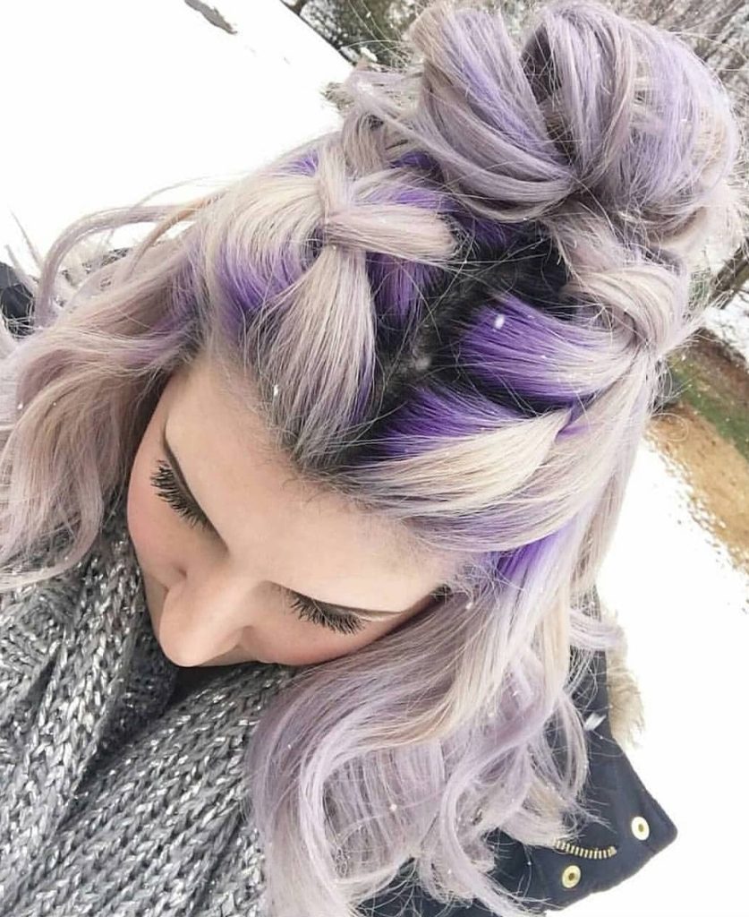 Silver Long Braided Hair with Purple Roots