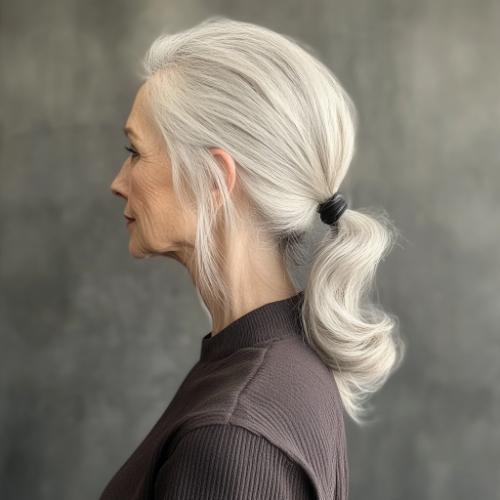 Medium-length low ponytail with waves for an older woman