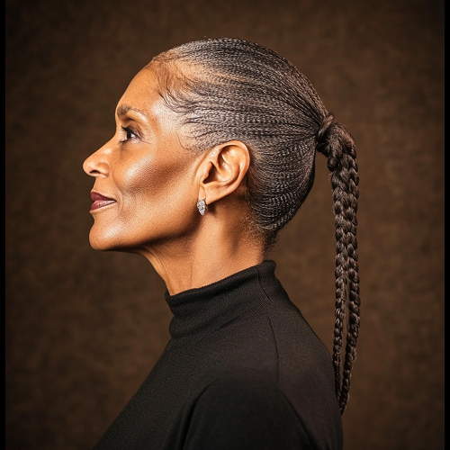 black woman older ponytail hairstyle with braids over 50 senior mature