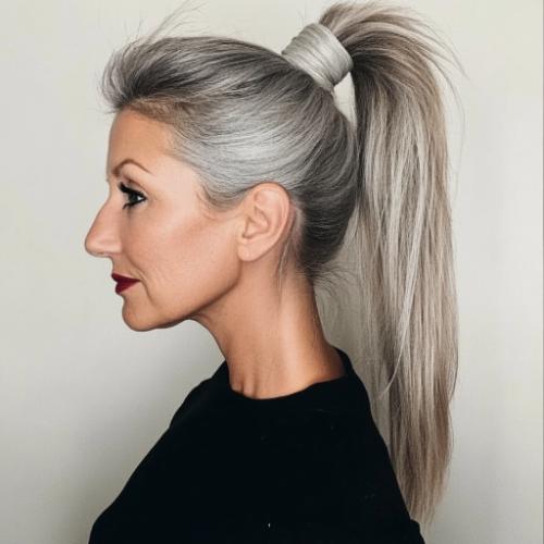 Ponytail for an older woman with a fashionable flair