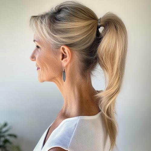 Elegant ponytail for an older woman with gray hair