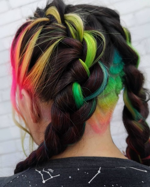 Brown Two Braids with Colorful Rainbow Roots