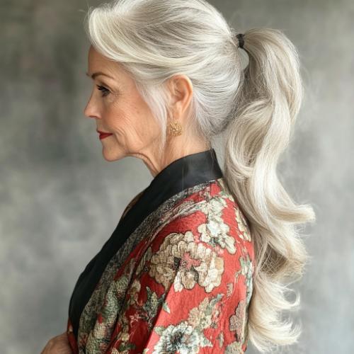 White-gray ponytail for an older woman