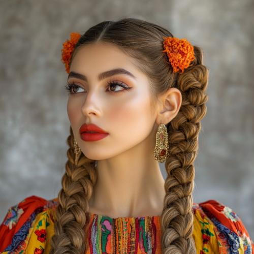 Artistic Mexican braids with vibrant decorations and intricate details