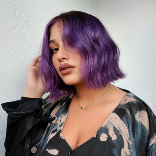 Stylish purple bob haircut with sleek finish