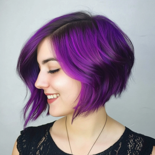 Bold purple bob with an edgy, contemporary style