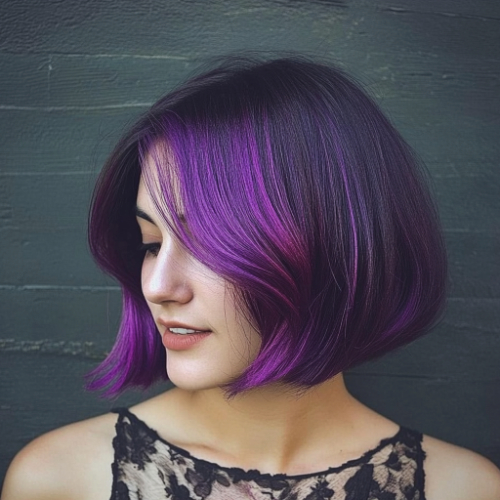 Sophisticated purple bob hairstyle with a sleek finish