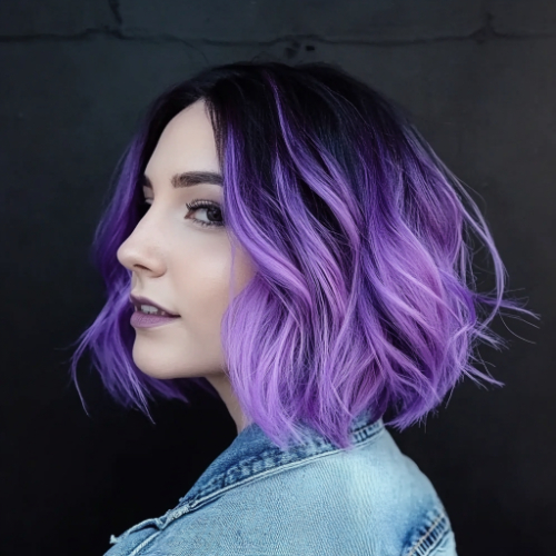 Chic purple bob with textured layers and a stylish finish