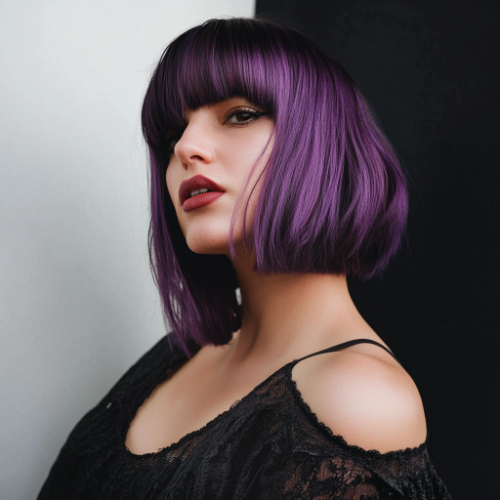 Trendy purple bob with a bold, edgy look