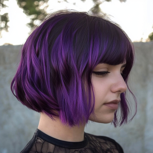 Purple bob haircut with textured layers and volume