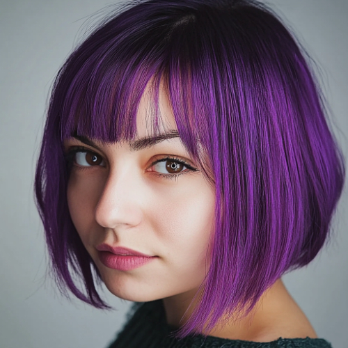 Classy purple bob haircut with smooth, straight finish