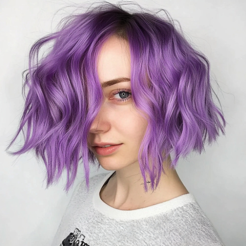 Trendy purple bob with textured, voluminous look