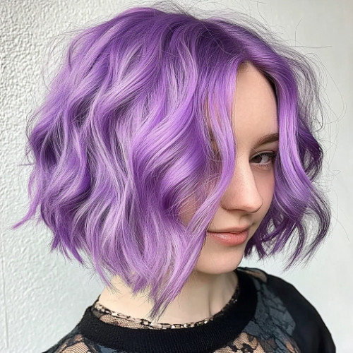 Playful purple bob hairstyle with tousled ends