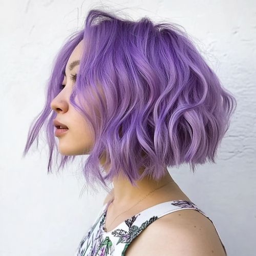 Classy purple bob haircut with sleek, straight lines