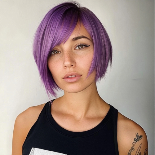 Vibrant purple bob hairstyle with sleek, textured layers