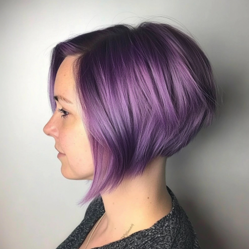 Stylish purple bob haircut featuring voluminous layers