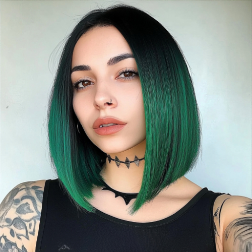 sleek green bob cut